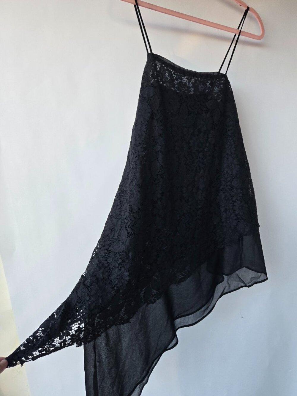 Zara Black Lace & Sheer Chiffon Asymmetrical Hem Tunic Blouse Y2k Style